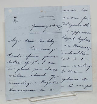 [Four-page letter written by Princess Mary on Harewood House stationery about an honorary commission for her niece, the future Queen Elizabeth]