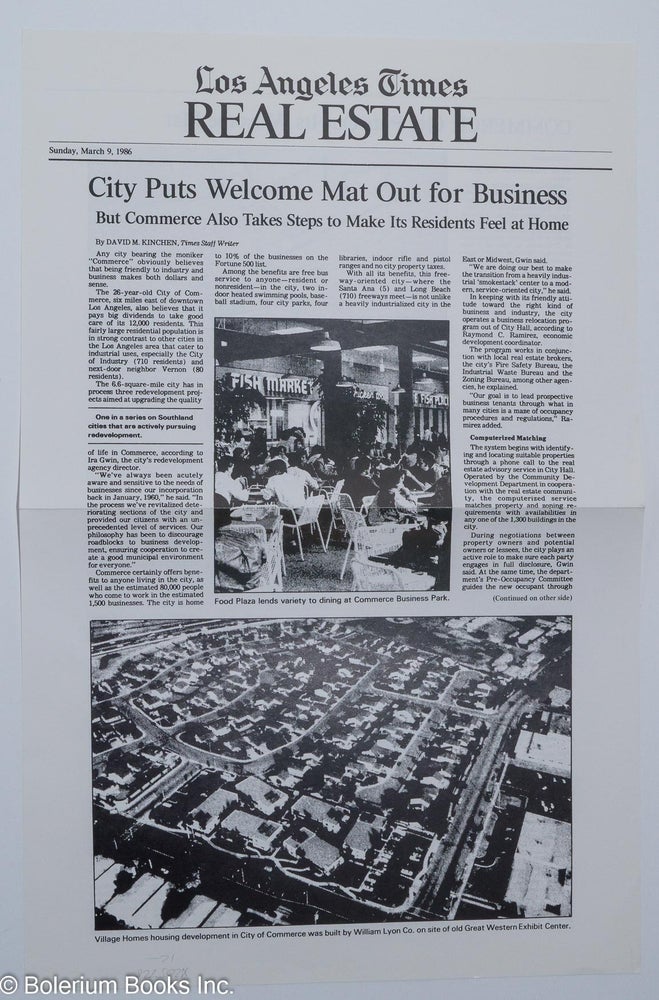 Cat.No: 205728 Los Angeles Times Real estate: City puts welcome mat out for business: Sunday, March 9, 1986 [special offprint of LA Times article]. David M. Kinchen.