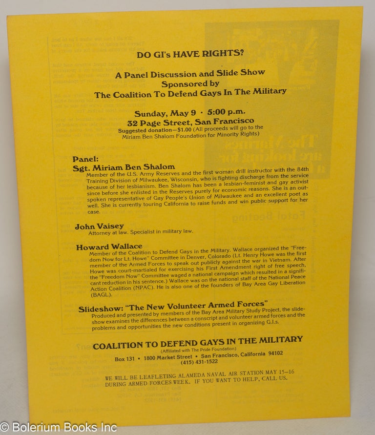 Cat.No: 205742 Do GI's Have Rights? a panel discussion and slide show [handbill] panel: Sgt. Miriam Ben Shalom, John Vaisey, Howard Wallace, Sunday May 9, 1976, 5pm