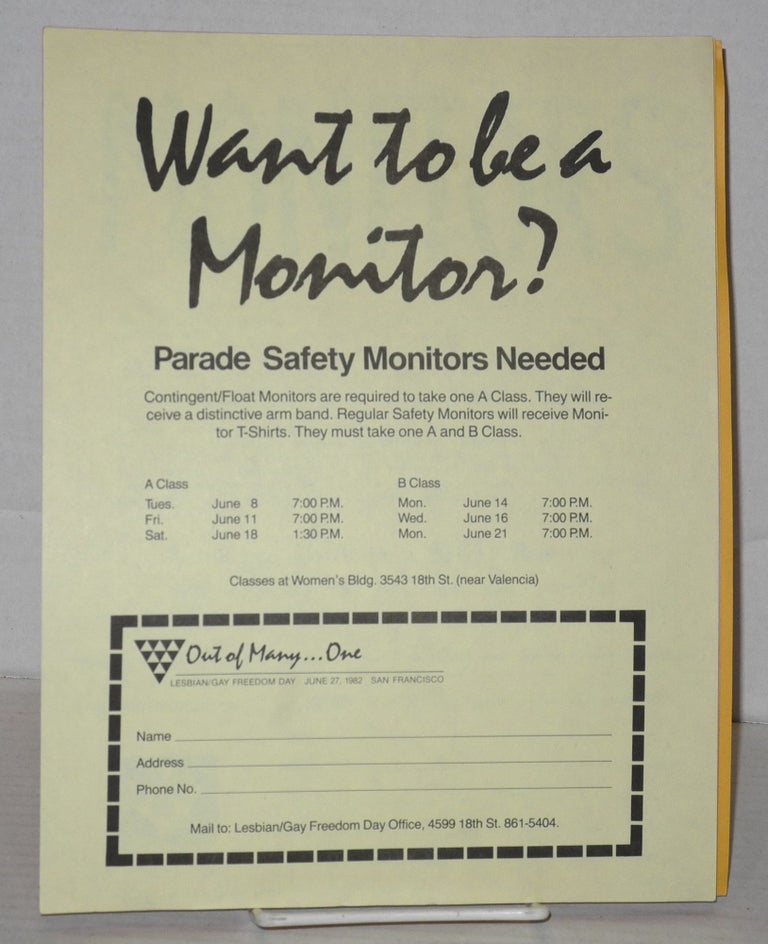 Cat.No: 205948 Six Safety Monitor Fliers/handbills for Lesbian/Gay Freedom Day Parades 1982-1989. Lesbian/Gay Freedom Day.