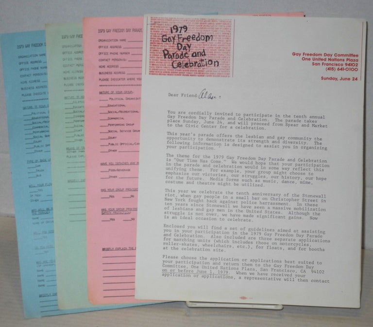 Cat.No: 205949 1979 Gay Freedom Day Parade & celebration applications and press release [four items]. Gay Freedom Day Committee.