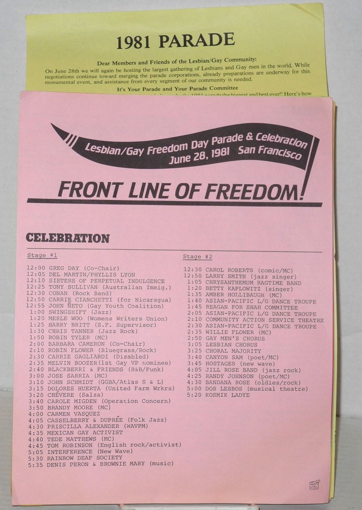 Cat.No: 205950 1981 Gay Freedom Day Parade & celebration applications, guidelines, and press release [nine items]. Gay Freedom Day Committee.