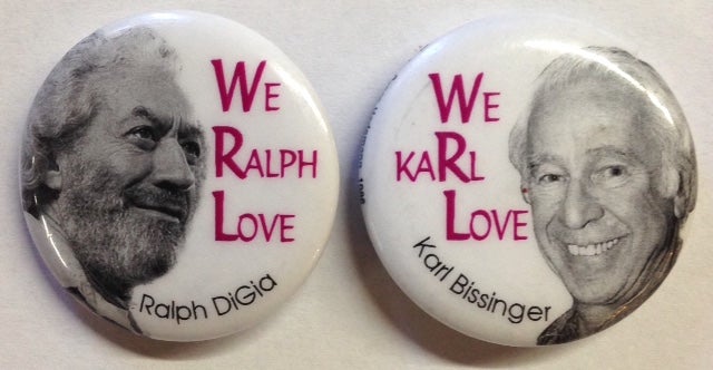Cat.No: 206284 We Ralph Love [with] We KaRl Love [Pair of pins depicting Ralph DiGia and Karl Bassinger]. War Resisters League.