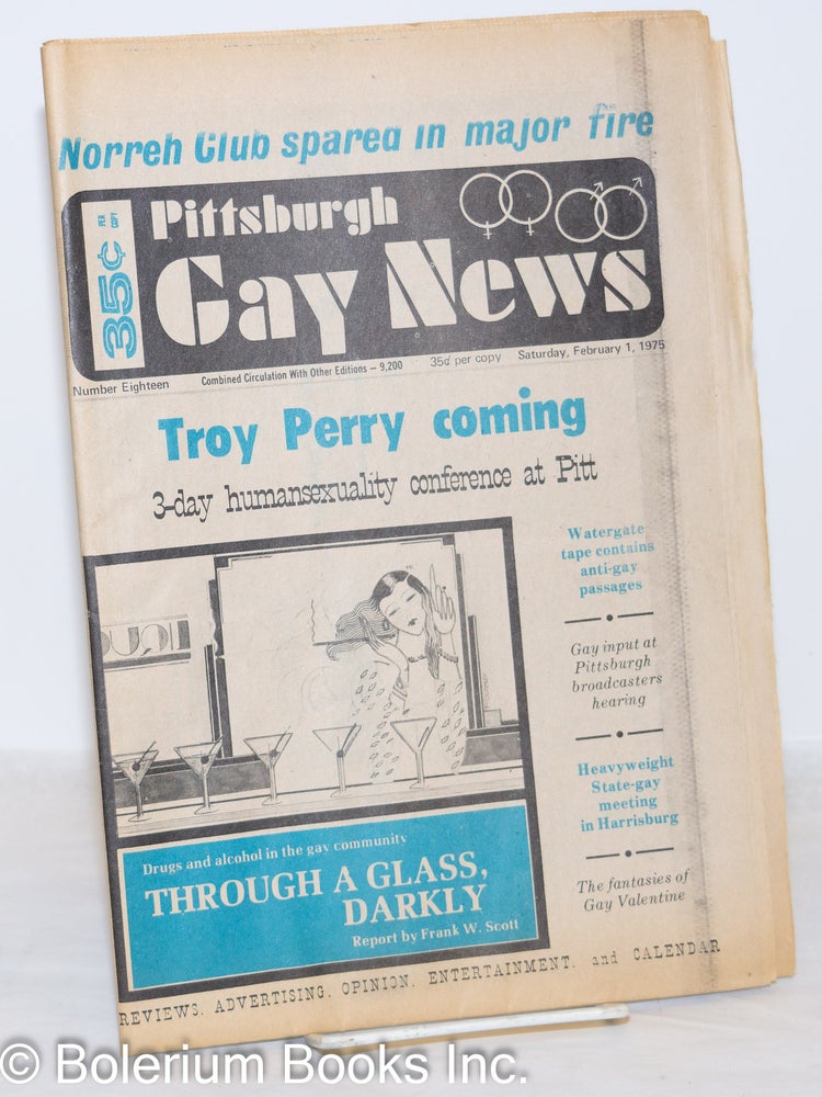 Cat.No: 208142 Pittsburgh Gay News: #18, Saturday, February 1, 1975: Troy Perry Coming. Jim Austin, Randal Forrester Rev. Troy Perry, Brian Michaels, Frank W. Scott, Bill Solley.
