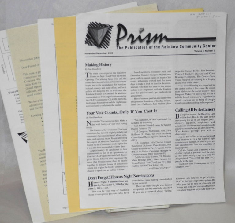 Cat.No: 208729 Prism: the publication of the Rainbow Community Center, vol. 5, #6, Nov/Dec 2000 and handbills/mailers relating to the Center: 5 items. Rainbow Community Center.