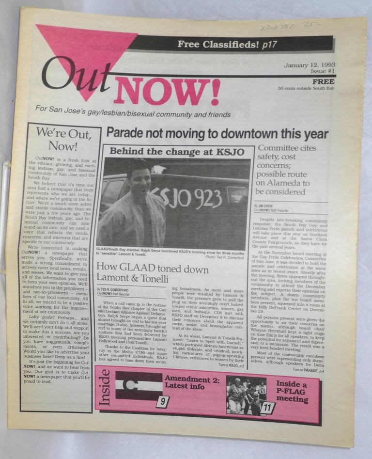 Cat.No: 208787 OutNOW! for San Jose's gay/lesbian/bisexual community and friends; issue #1, January 12, 1993. Joseph Ruffles.