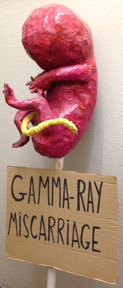 Cat.No: 210709 Gamma-ray miscarriage [protest sign with papier maché sculpture in form of a fetus]