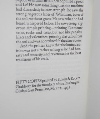 The Fine Art of Printing. An Address by Edwin Grabhorn before the Roxburghe Club of San Francisco at its meeting in the Allied Arts Guild, Menlo Park, California, May 15, 1933