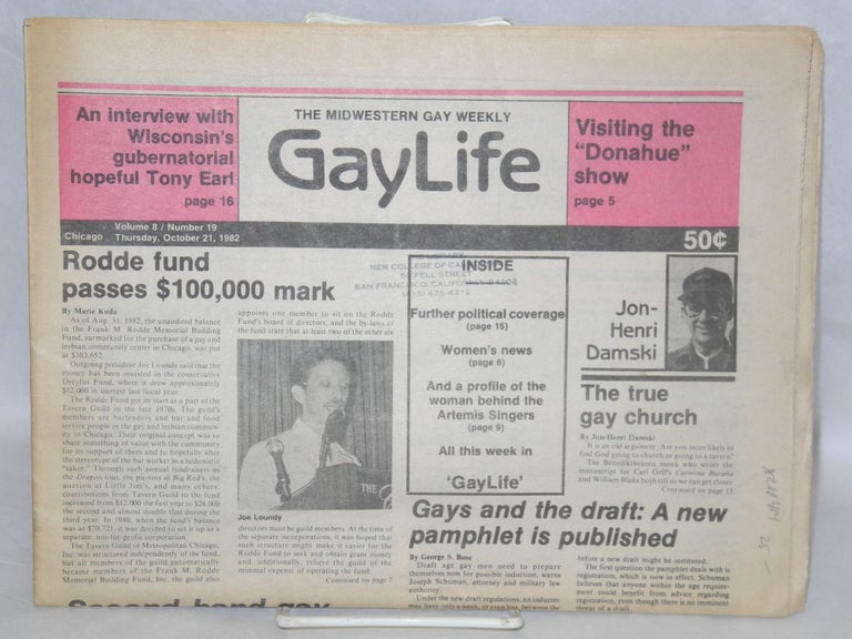 Cat.No: 211414 Chicago GayLife: the international gay newsleader; vol. 8, #19, Thursday, October 21, 1982. Karlis Streips, Bob Damron Dom Orejudos Chris Heim, aka Etienne.