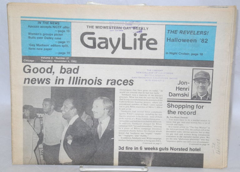 Cat.No: 211447 Chicago GayLife: the international gay newsleader; vol. 8, #21, Thursday, November 4, 1982. Albert M. Williams, Bob Damron Dom Orejudos Chris Heim, aka Etienne.