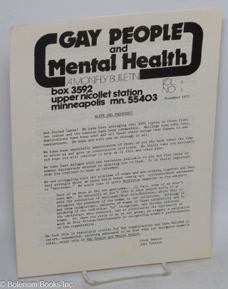 Cat.No: 212092 Gay People and Mental Health: a monthly bulletin; vol. 1, no. 2, November...
