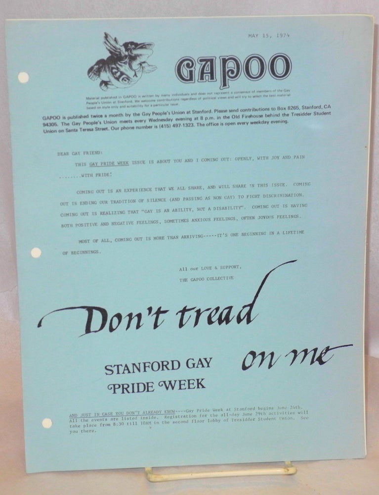 Cat.No: 212155 GAPOO May 15, 1974: Don't tread on me; Stanford Gay Pride Week. Gay People's Union.