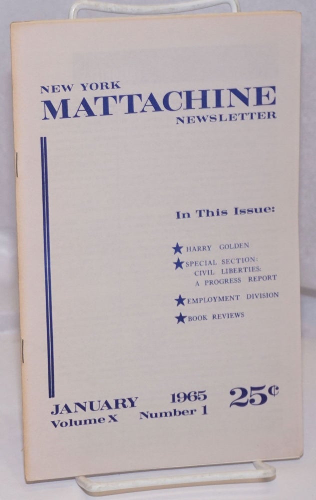 Cat.No: 212359 New York Mattachine newsletter: vol. 10, #1, January 1965. G. Desmannes, Harry Golden.