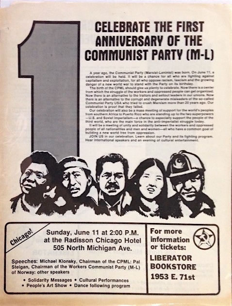 Cat.No: 213129 Celebrate the first anniversary of the Communist Party (Marxist-Leninist) / Celebremos el 1er anniversario del Partido Comunista (Marxista-Leninista) [handbill]. Communist Party, Marxist-Leninist.