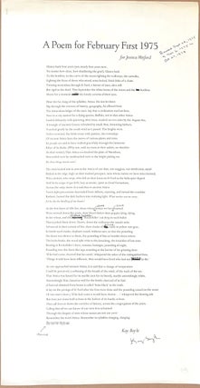 Cat.No: 213976 A Poem for February First 1975. For Jessica Mitford [broadside]. Kay Boyle