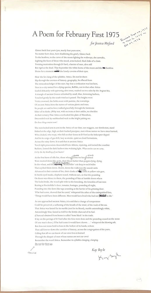 Cat.No: 213976 A Poem for February First 1975. For Jessica Mitford [broadside]. Kay Boyle.