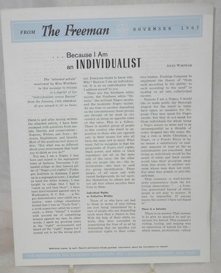 Cat.No: 214728 . . . Because I am an Individualist; from The Freeman, November 1967. Anne Wortham.