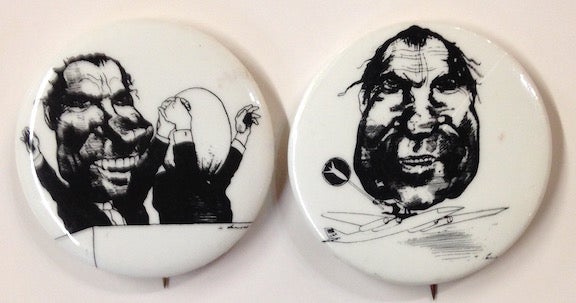 Cat.No: 217892 [Pair of pins with anti-Nixon caricatures by David Levine]. David Levine, National Peace Action Coalition, NPAC.