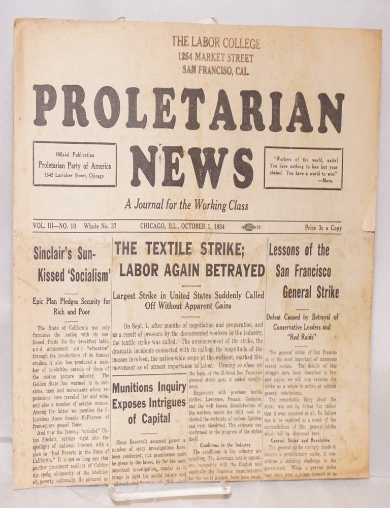Cat.No: 218136 Proletarian News. Vol. 3 no. 10. Proletarian Party.