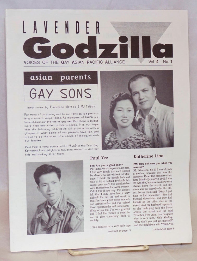 Cat.No: 218945 Lavender Godzilla: voices of the Gay Asian Pacific Alliance vol. 4, #1, Feb/March 1991: Asian Parents, Gay Sons. Gay Asian Pacific Alliance.