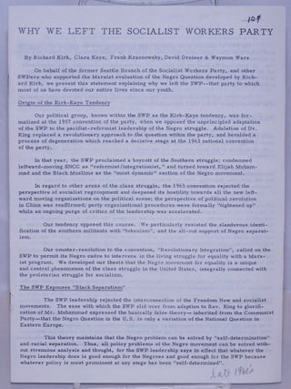 Cat.No: 219379 Why we left the Socialist Workers Party. Richard Kirk, Clara Kaye, Frank...