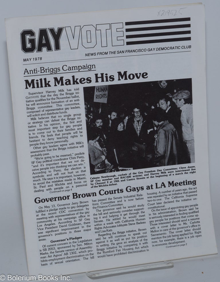 Cat.No: 219525 Gay Vote: news from the San Francisco Gay Democratic Club; vol. 1, #5, May 1978: Milk Makes His Move. Harvey Milk San Francisco Gay Democratic Club, Dick Pabich.
