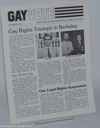 Cat.No: 219527 Gay Vote: news from the San Francisco Gay Democratic Club; October 1978:...