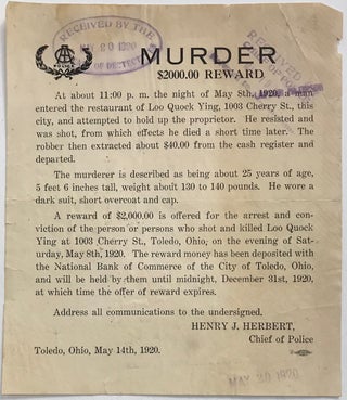 Cat.No: 223012 Murder. $2000 reward [handbill]. Henry J. Herbert, Loo Quock Ying