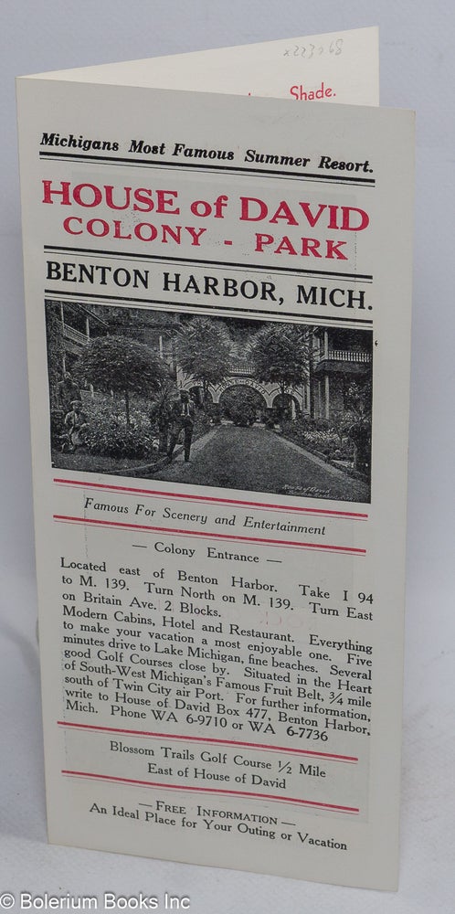 Cat.No: 223068 Michigan's most famous summer resort. House of David Colony - Park [tourism brochure]. House of David.
