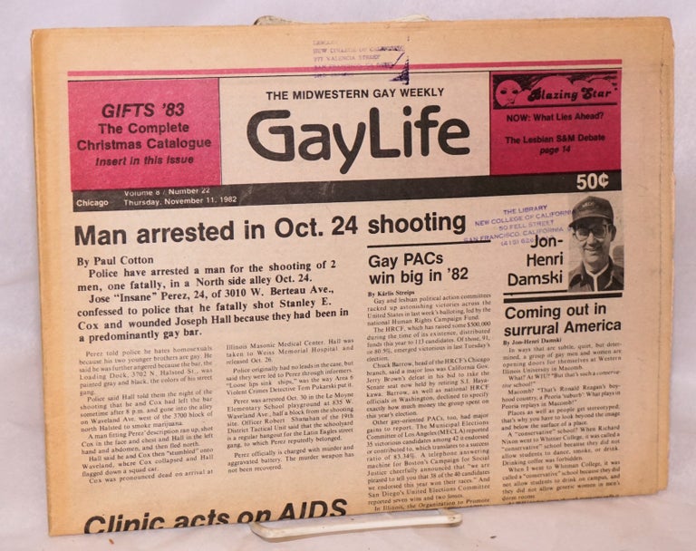 Cat.No: 223163 Chicago GayLife: the international gay newsleader; vol. 8, #22, Thursday, November 11, 1982. Albert M. Williams, Bob Damron Dom Orejudos Chris Heim, aka Etienne.