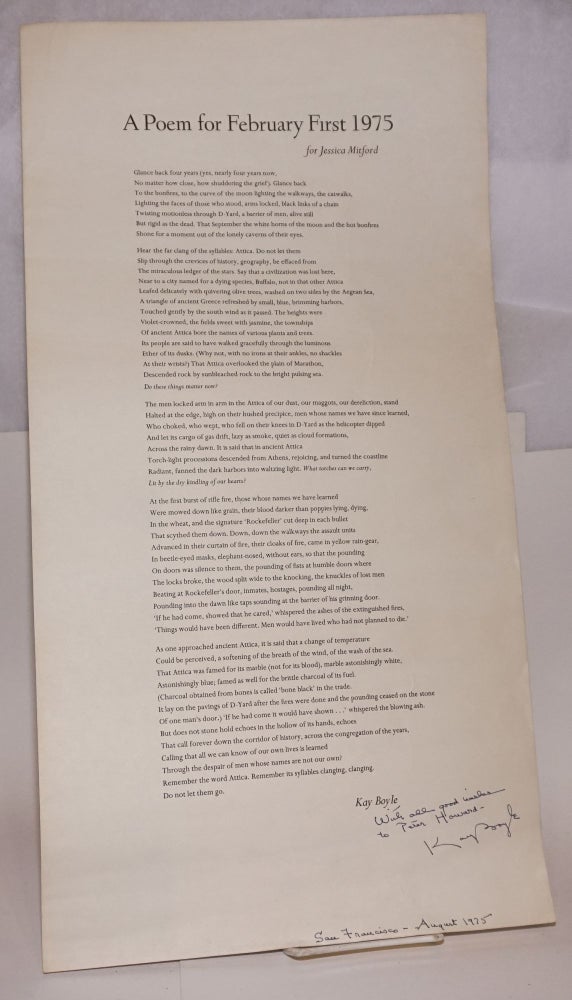 Cat.No: 223741 A Poem for February First 1975. For Jessica Mitford [broadside]. Kay Boyle.