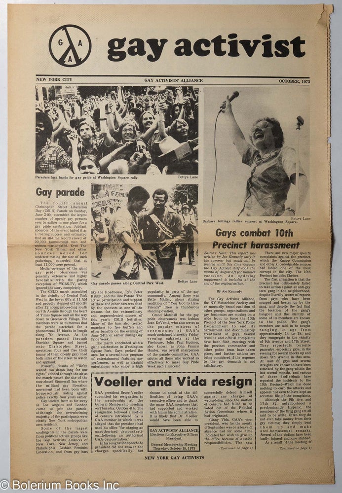 Cat.No: 223785 Gay Activist: October 1973; Gay Parade/ Voeller & Vida resign. Joe Kennedy Gay Activists Alliance, Bettye Lane, Arnie Kantrowitz, Barbara Gittings.