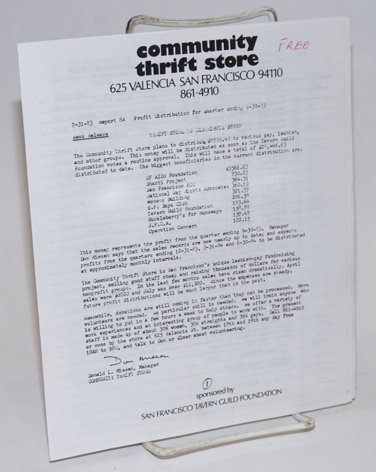 Cat.No: 224547 Community Thrift Store News Release & Profit Distrubion for quarter