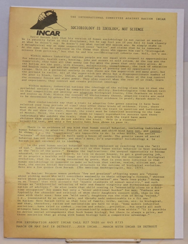 Cat.No: 225357 Sociobiology is ideology, not science [handbill]. International Committee Against Racism.