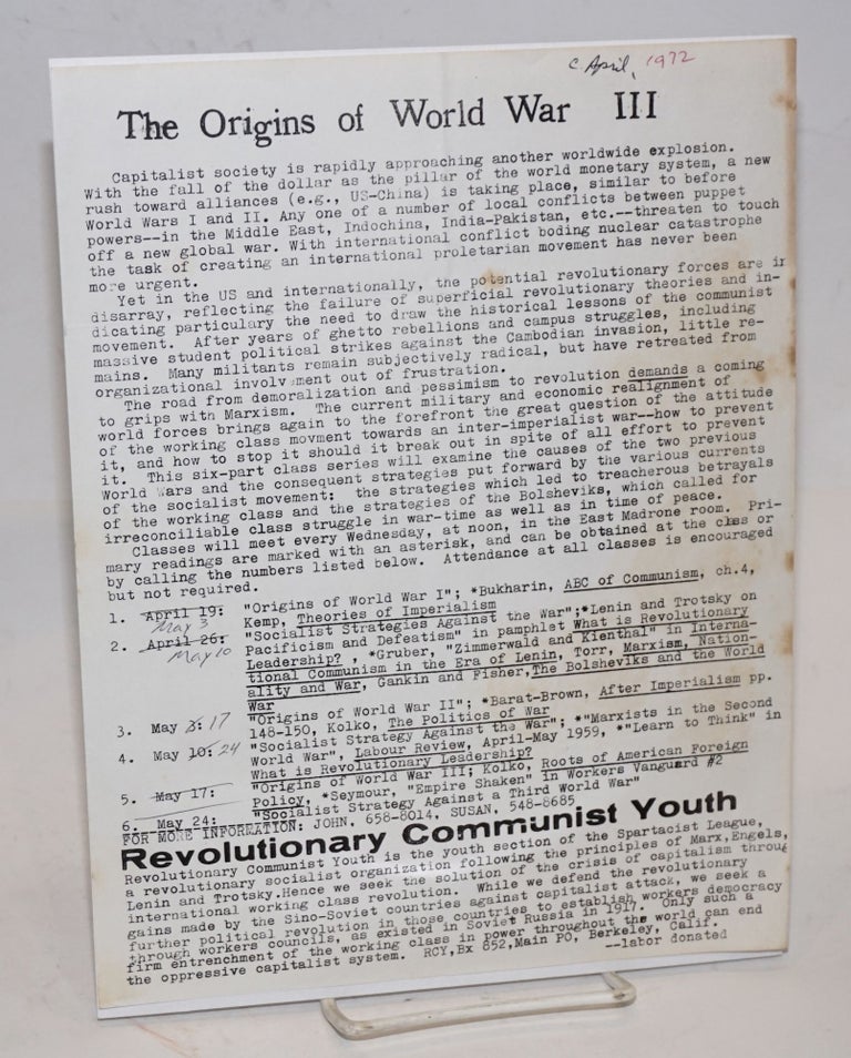 Cat.No: 225813 The origins of World War III [handbill]. Revolutionary Communist Youth.