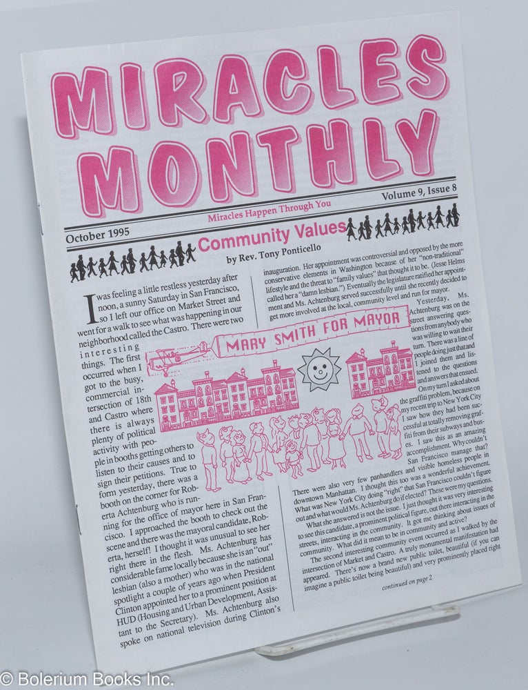 Cat.No: 225914 Miracles Monthly: miracles happen through you; vol. 9, #8, October 1995; Community Values. Rev. Tony Ponticello.