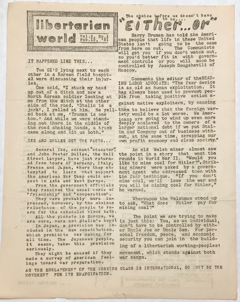 Cat.No: 227130 Libertarian World. Vol. 2 no. 1 (Feb. 12, 1951). Libertarian Socialist League.