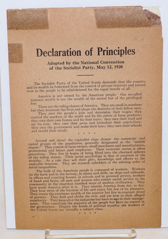 Cat.No: 228471 Declaration of principles, adopted by the National Convention of the Socialist Party, May 12, 1920. USA Socialist Party.