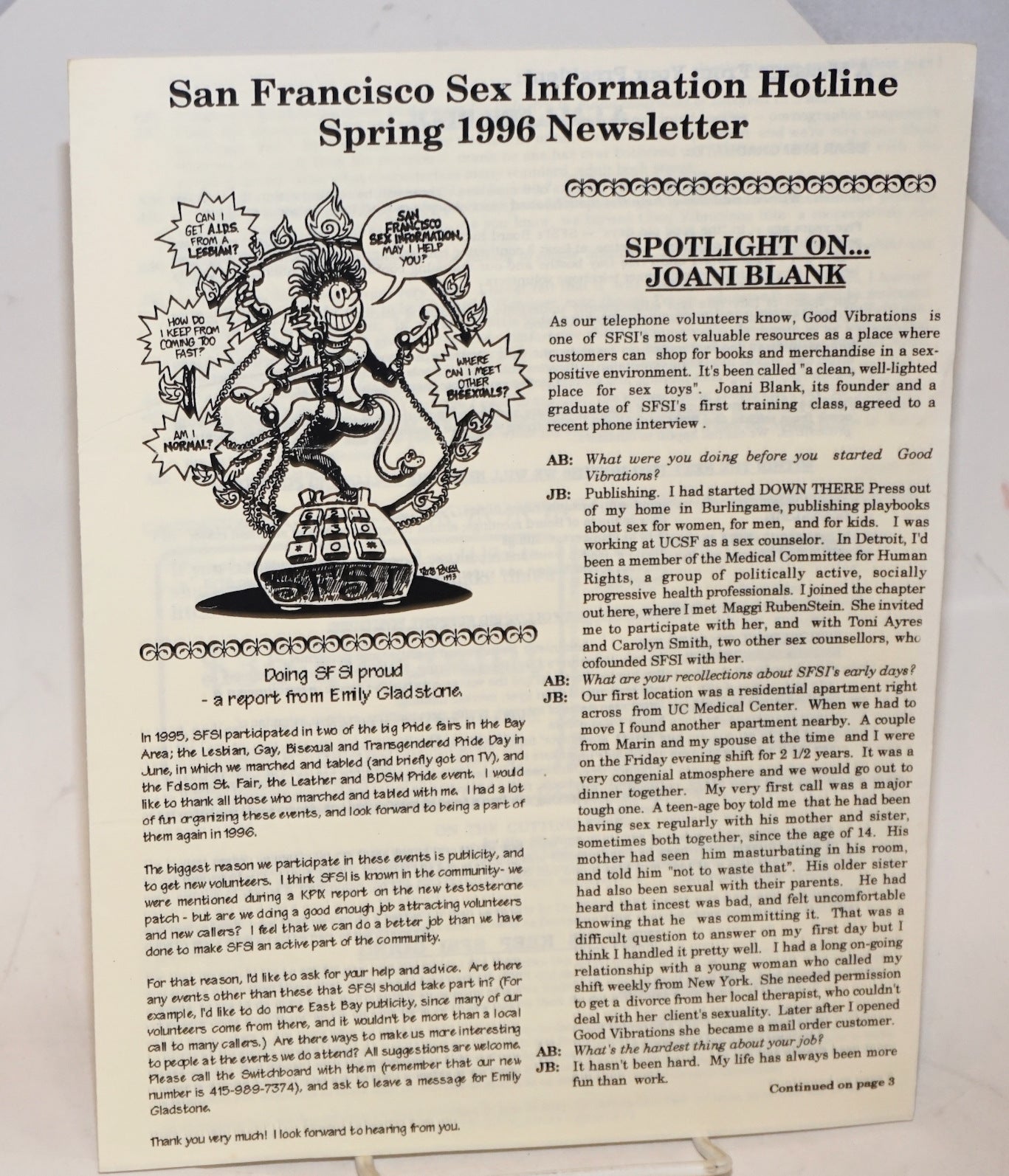 San Francisco Sex Information Hotline Spring 1996 newsletter Spotlight on  Joanie Blank by Stephanie Wright, Jim Slattery Joani Blank on Bolerium Books