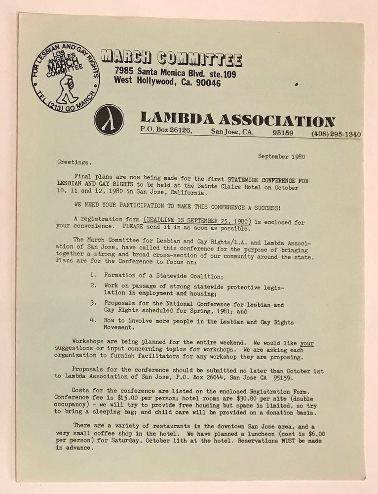 Cat.No: 230320 Los Angeles March Committee, Lambda Association informational brochure. Lambda Association.