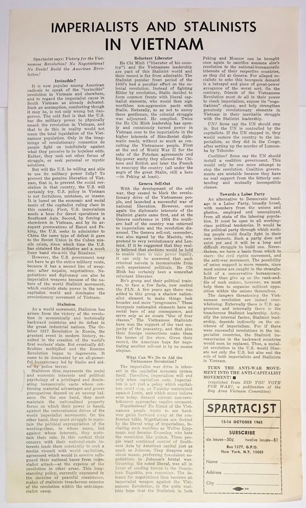 Cat.No: 230398 Imperialists and Stalinists in Vietnam [handbill]. Spartacist.