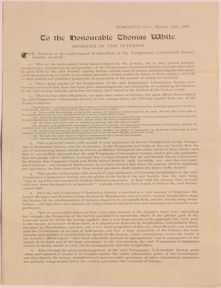 Cat.No: 234731 To the honourable Thomas White, Minister of the Interior [petition of dissatisfied Temperance Colonization Society scripholders]