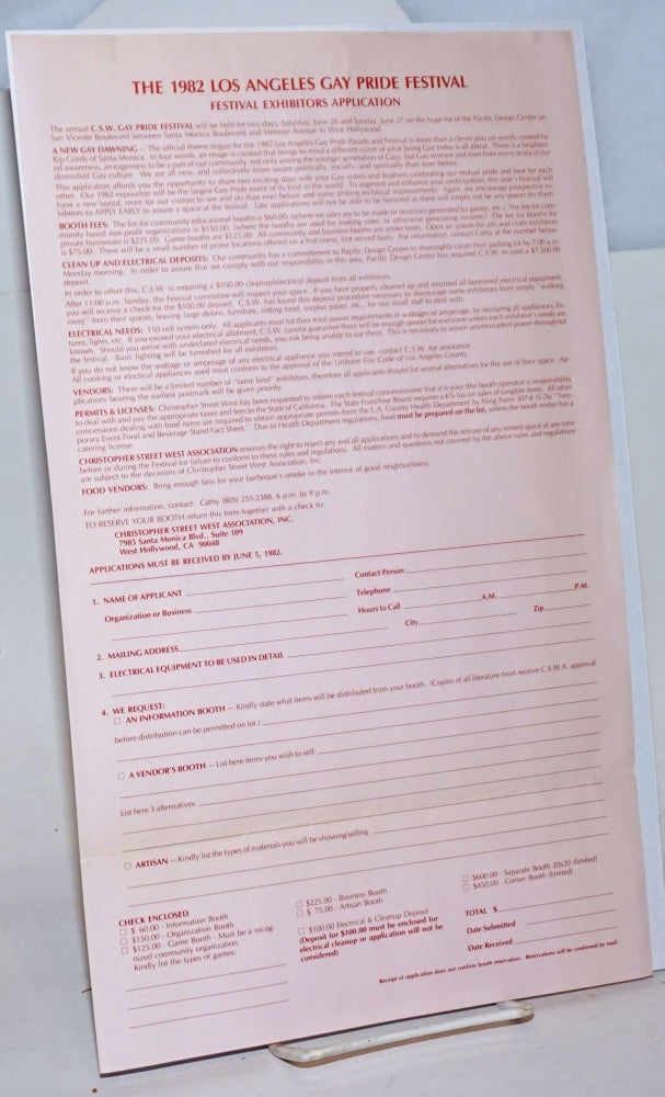 Cat.No: 234736 The 1982 Los Angeles Gay Pride Festival Exhibitors Application
