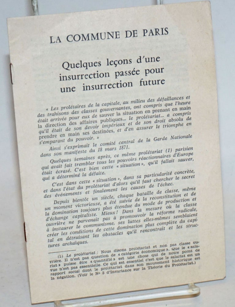 Cat.No: 235222 La commune de Paris. Quelques lecons d'une insurrection passee pour une insurrection future. Fran&ccedil;ois Martin.