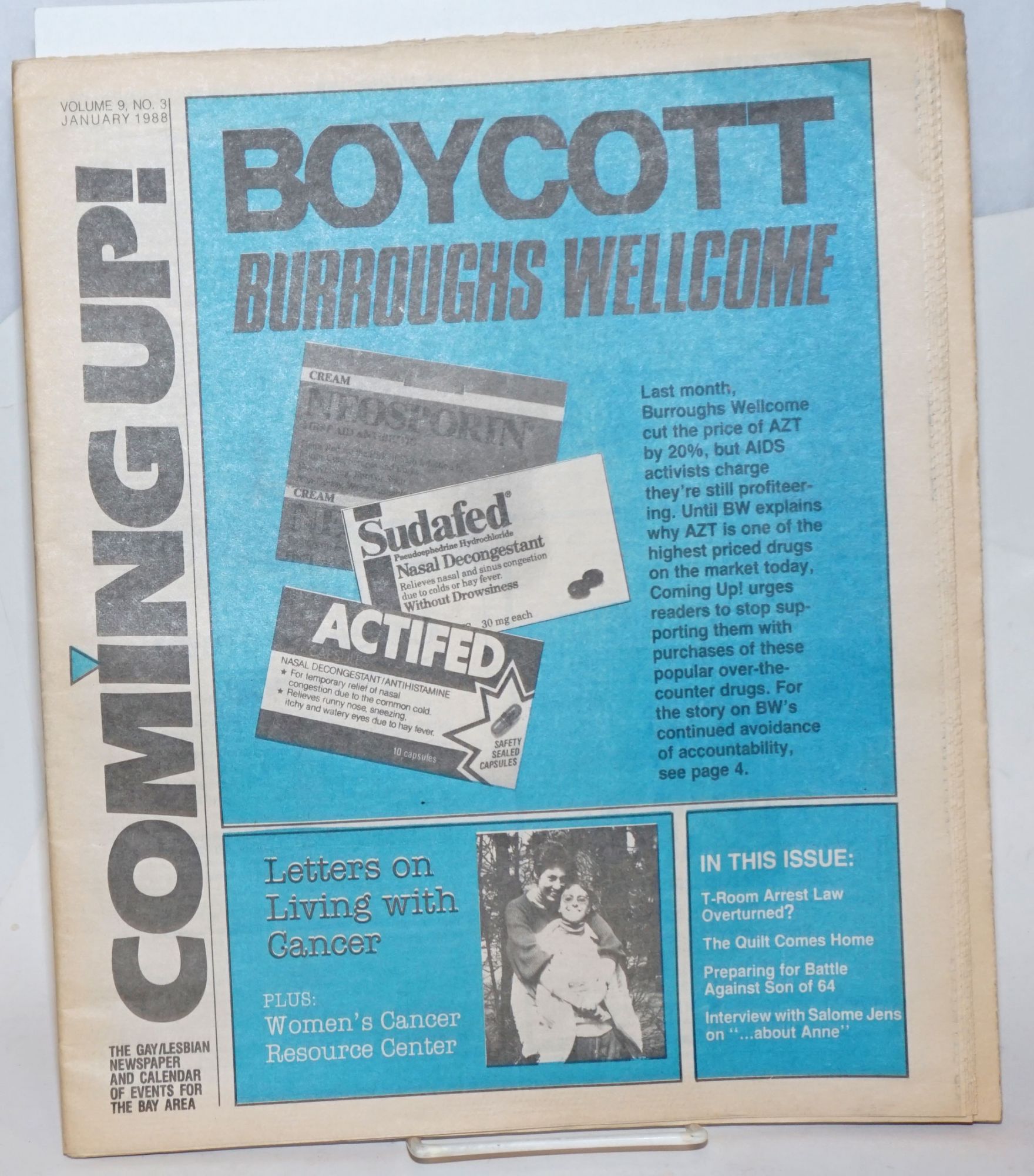 Coming Up! the lesbian/gay community calendar of events and newspaper for  the Bay Area aka San Francisco Bay Times vol. 9, #3, January 1988; Boycott  Burroughs Wellcome | Kim Corsaro, Larry Beresford Elizabeth Pincus