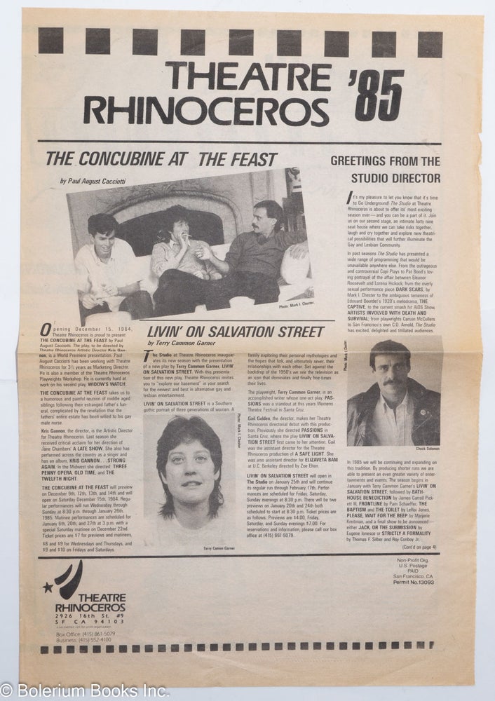 Cat.No: 235701 Theatre Rhinoceros '85 [tabloid newsletter]. Paul August Cacciotti, Chuck Solomon.