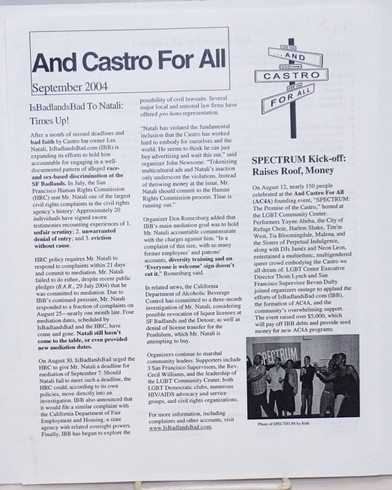Cat.No: 235823 And Castro for All [newsletter] September 2004; IsBadlandsBad to Natali