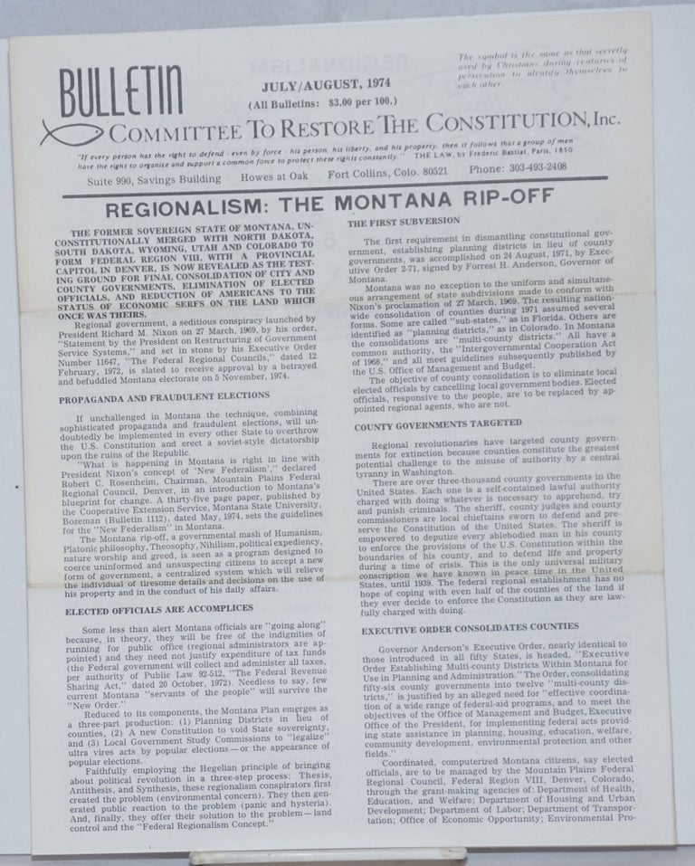 Cat.No: 236214 Bulletin, Committee to Restore the Constitution, Inc., July/August, 1974. Major Arch E. Roberts.