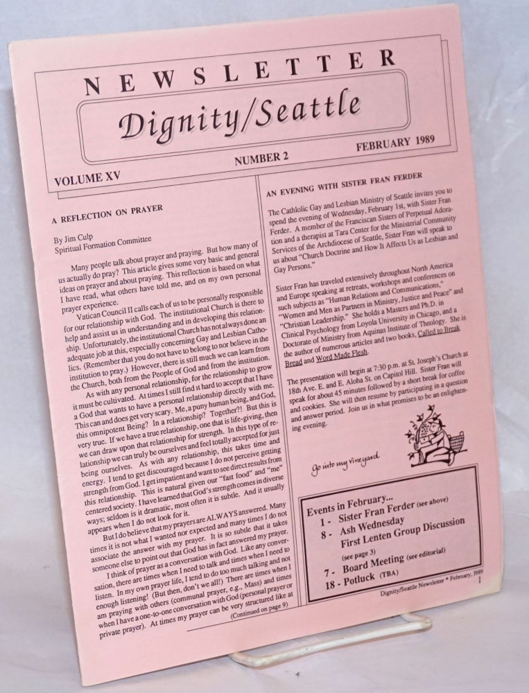 Cat.No: 236477 Dignity/Seattle Newsletter: vol. 15, #2, February 1989. Leo Egashira, Ken Van Dyke, John McNeil Jim Culp.