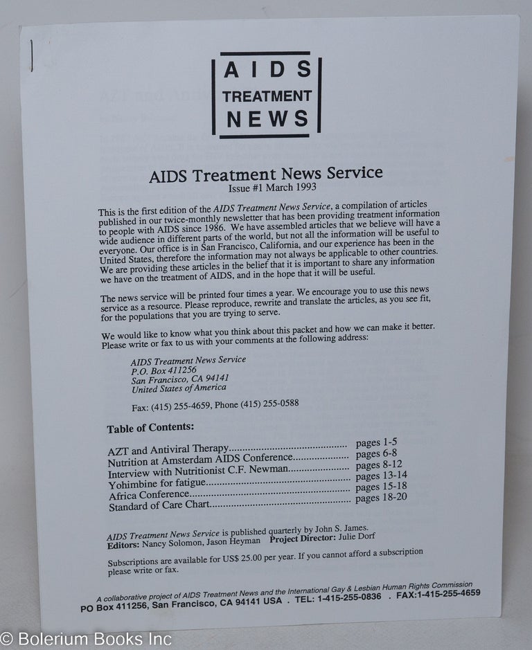 Cat.No: 236788 AIDS Treatment News: AIDS Treatment News Service #1, March 1993